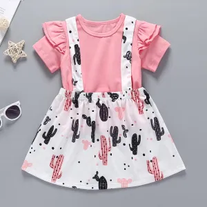 2-Piece Ruffled Top & Cactus Print Suspender Skirt for children Girl wholesale in bulk