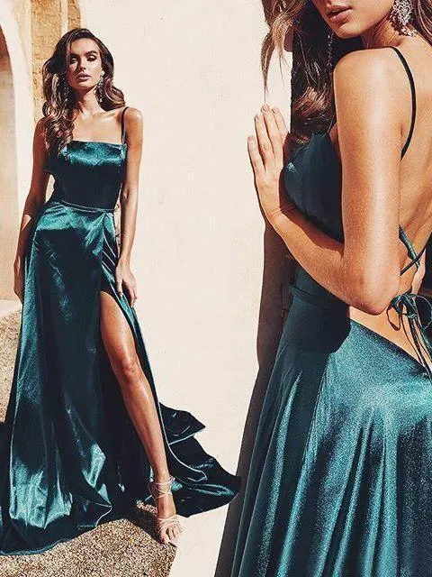 A-line Spaghetti Straps Long Prom Dresses Formal Gowns PSK080