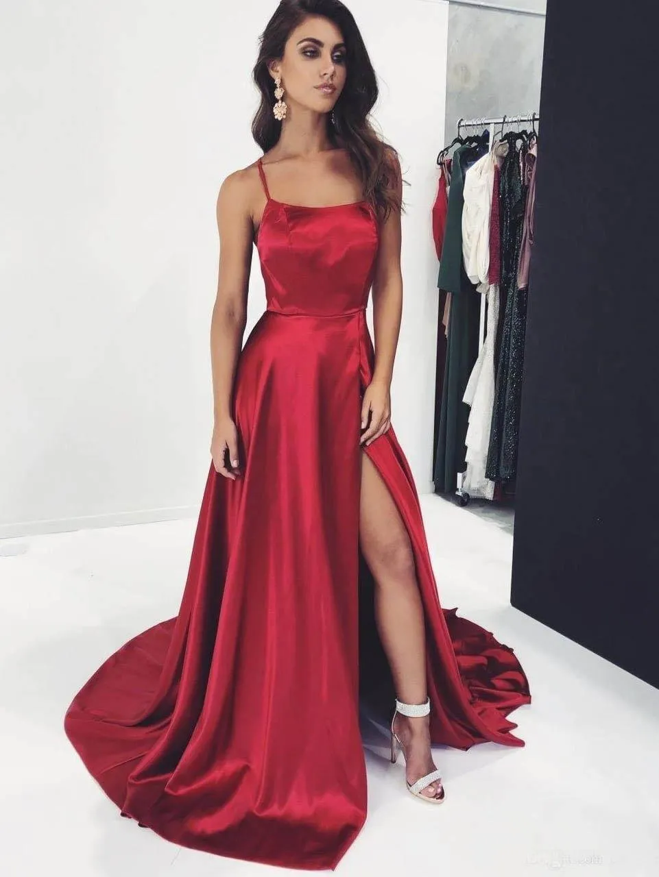 A-line Spaghetti Straps Long Prom Dresses Formal Gowns PSK080