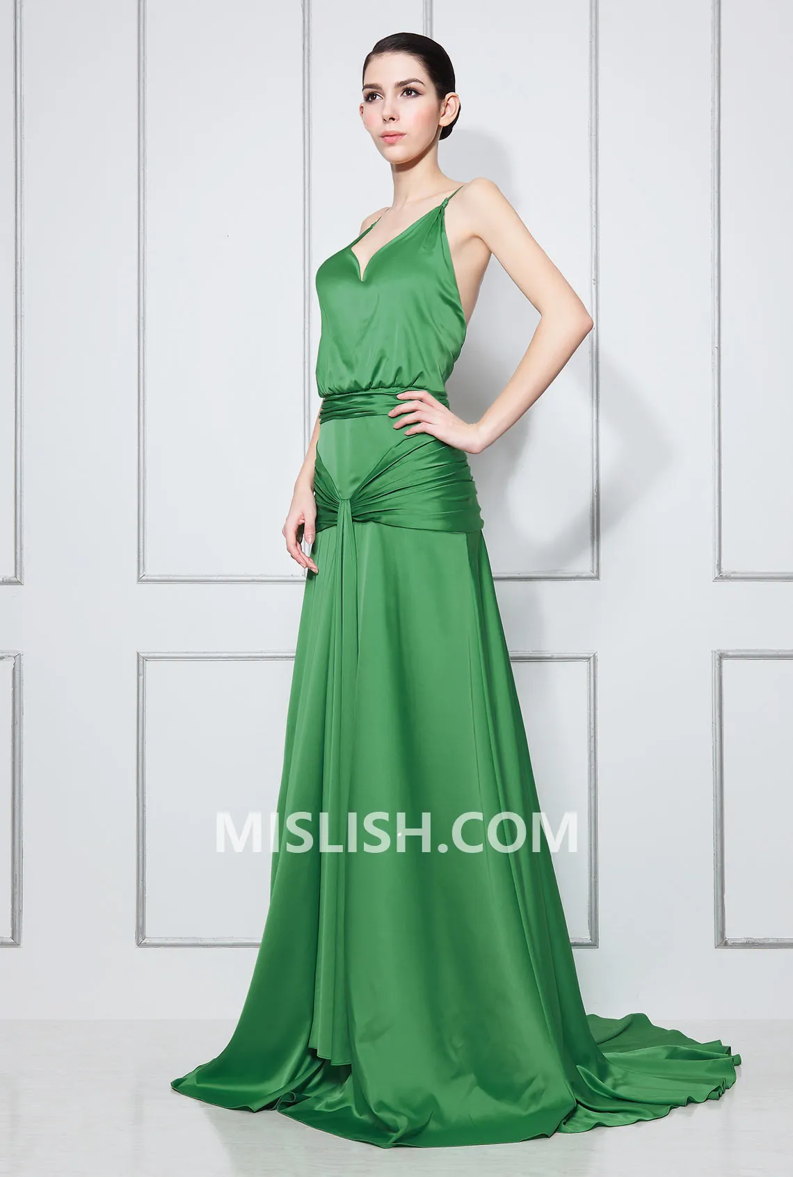 Atonement Green V-neck Dress Backless Prom Dress Inspired Celebrity