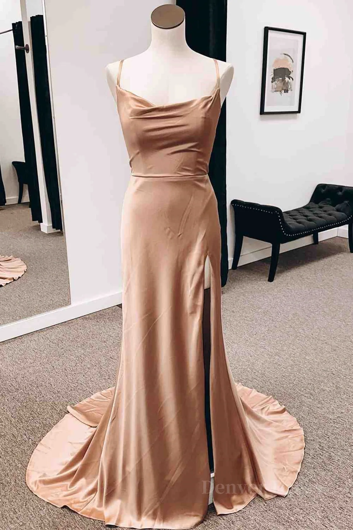 Backless Champagne Long Prom Dress with High Slit Long Champagne Formal Graduation Evening Dress