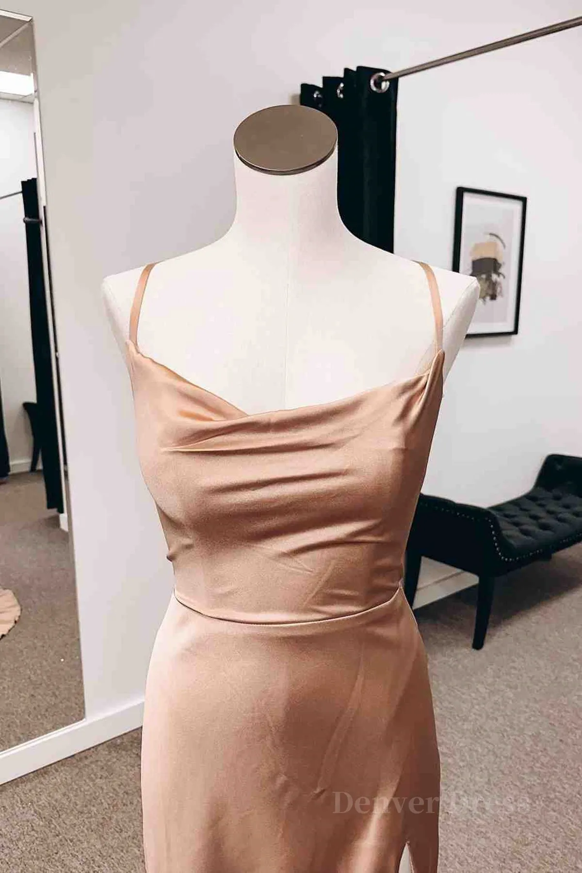 Backless Champagne Long Prom Dress with High Slit Long Champagne Formal Graduation Evening Dress