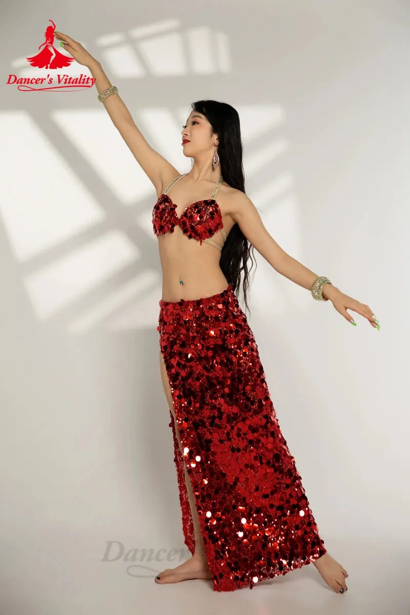 Belly Dance Costume Set for Women Big Sequins Bra split Long Skirt 2pcs Girl's Oriental Belly Dancing Performance Costume Suit