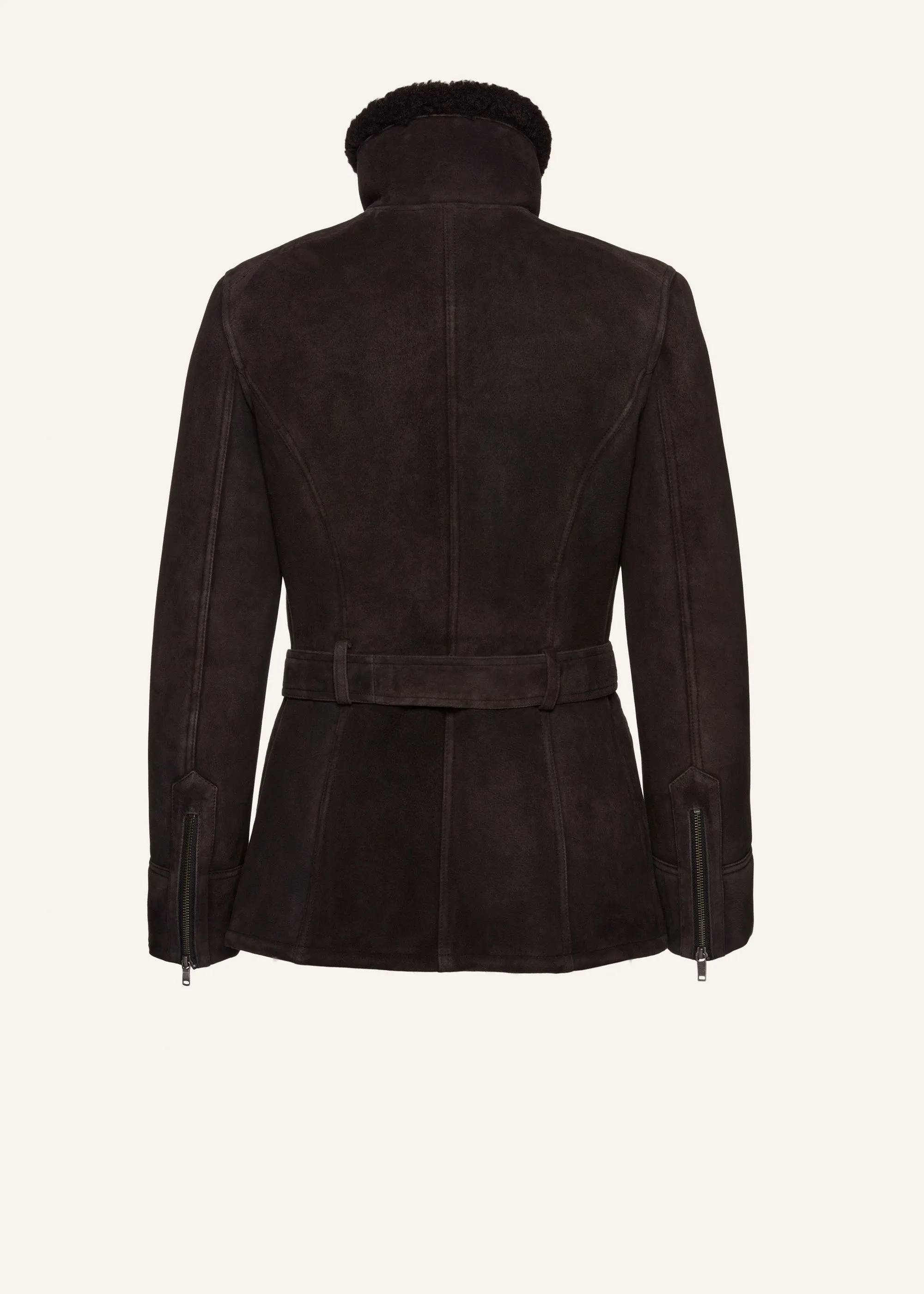 Belted shearling jacket in brown