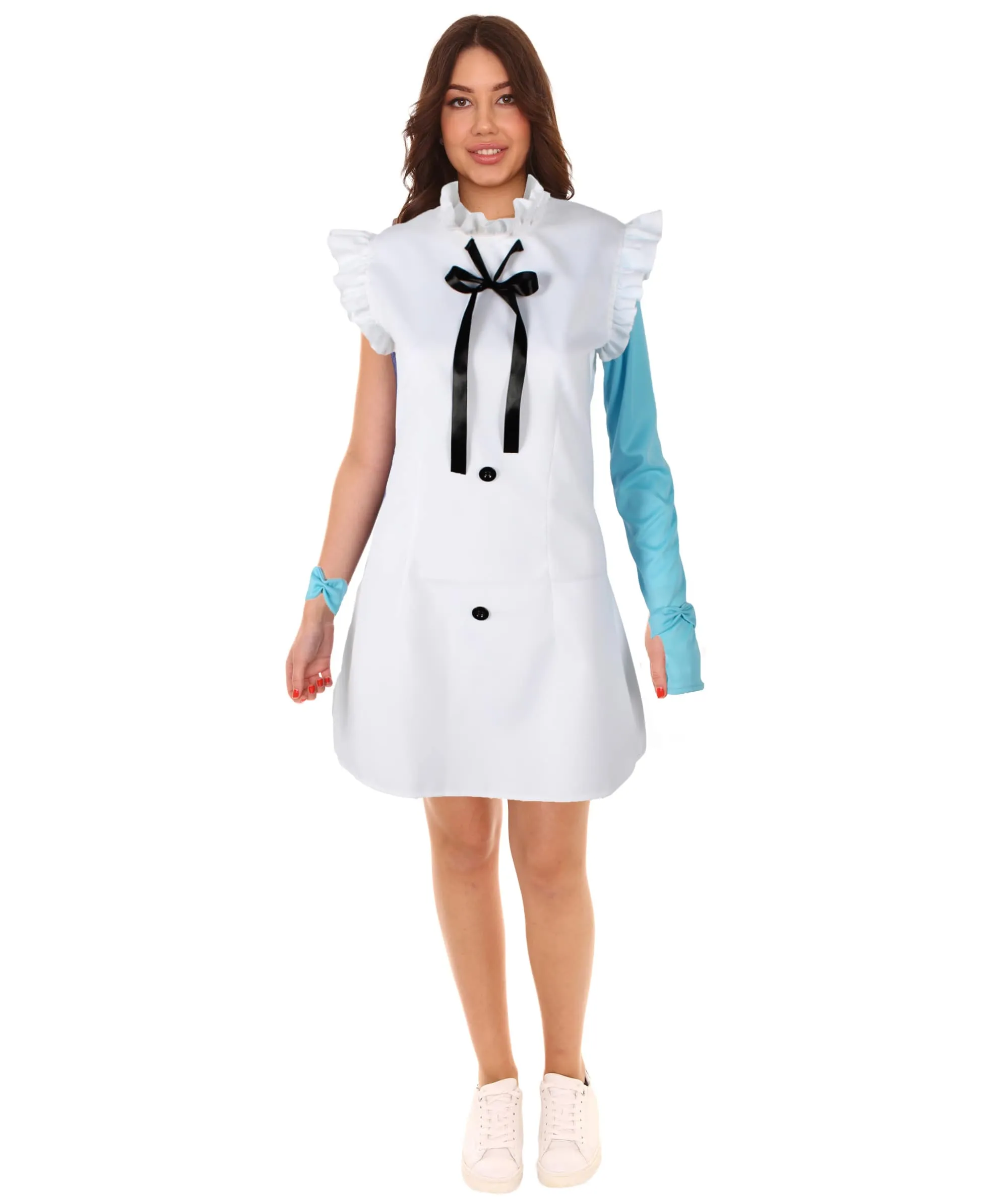 Best Anime Costume Ideas| Short White Dress With A Frilly Neckline & A Black Bow| Flame-retardant Synthetic Materials