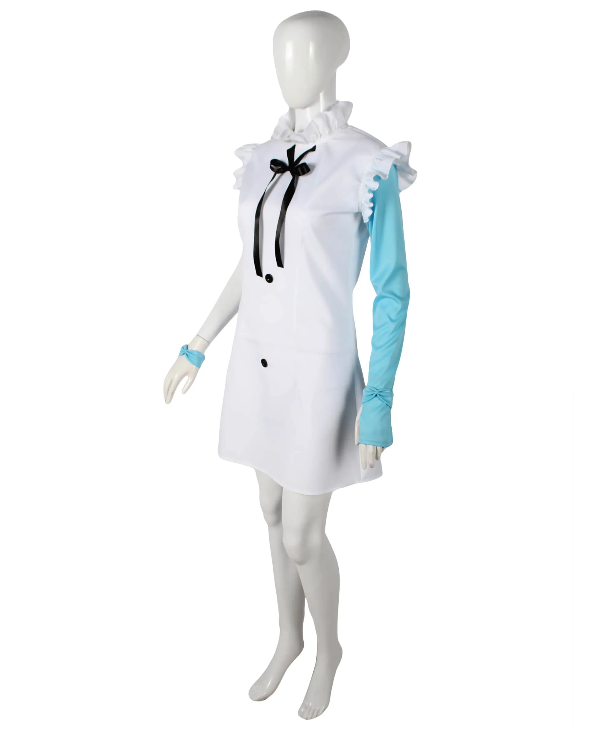 Best Anime Costume Ideas| Short White Dress With A Frilly Neckline & A Black Bow| Flame-retardant Synthetic Materials