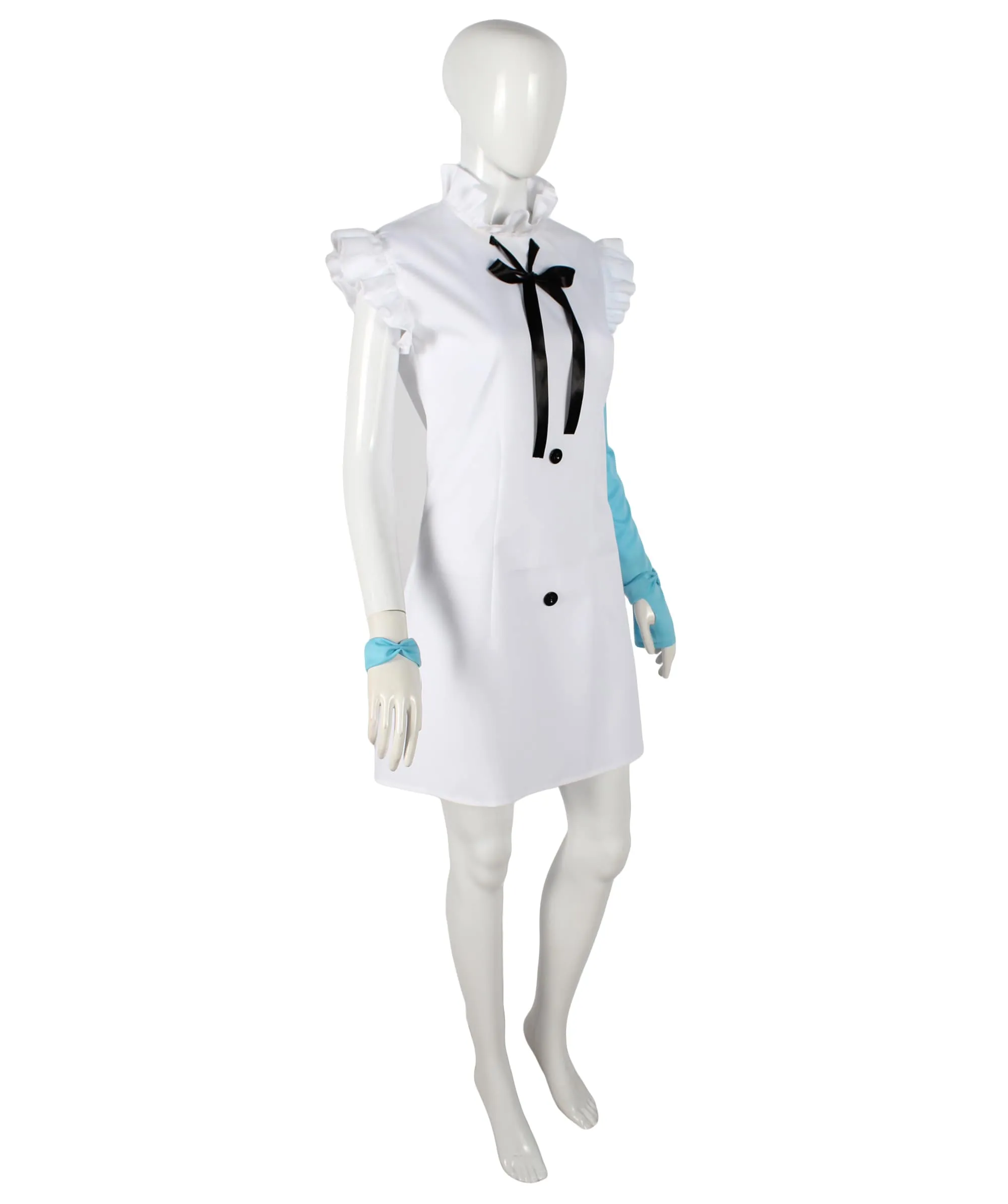 Best Anime Costume Ideas| Short White Dress With A Frilly Neckline & A Black Bow| Flame-retardant Synthetic Materials