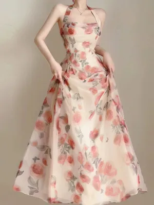 Birthday dress luxury seaside vacation halter neck suspender floral dress summer new style    S5841