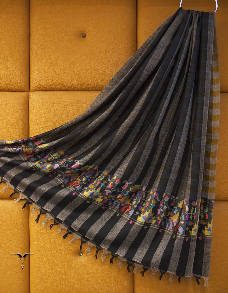 black and mustard striped and checked men"s kani paldaar pashmina shawl 8882