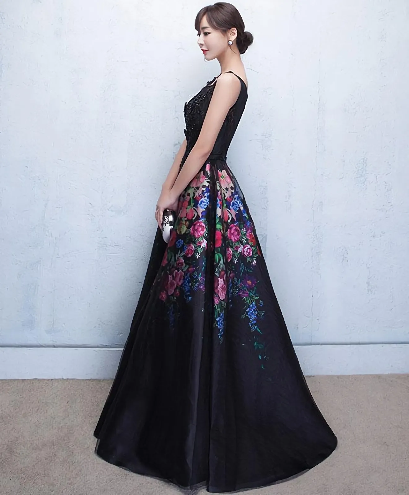 Black Floral Patterns Long Prom Dress Black Evening Dress