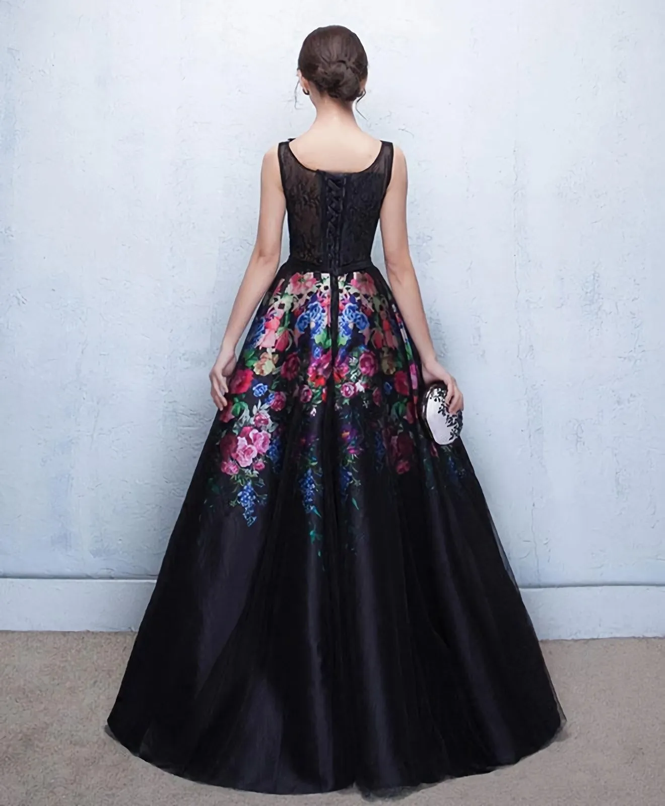 Black Floral Patterns Long Prom Dress Black Evening Dress