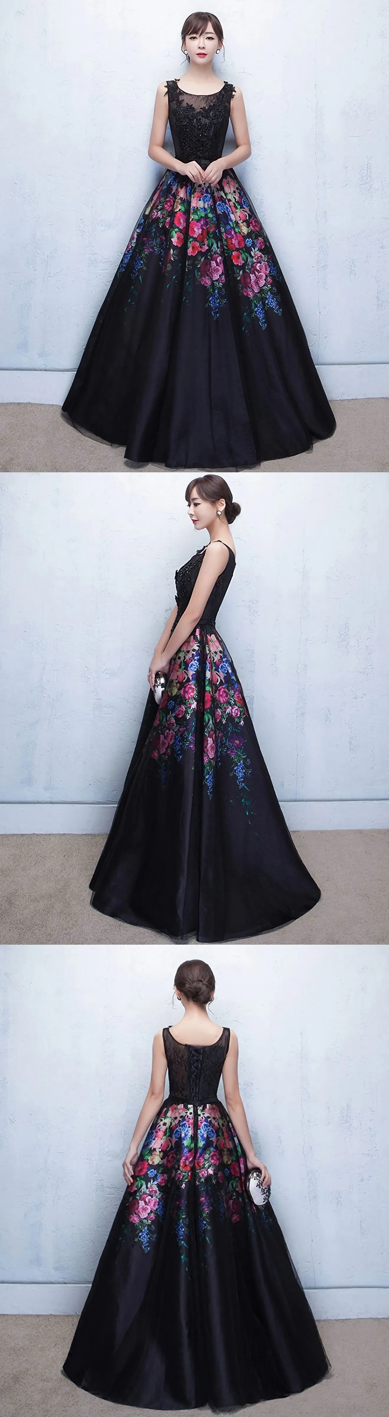 Black Floral Patterns Long Prom Dress Black Evening Dress