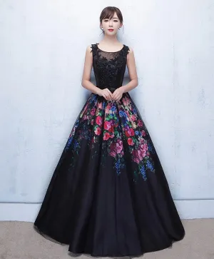 Black Floral Patterns Long Prom Dress Black Evening Dress