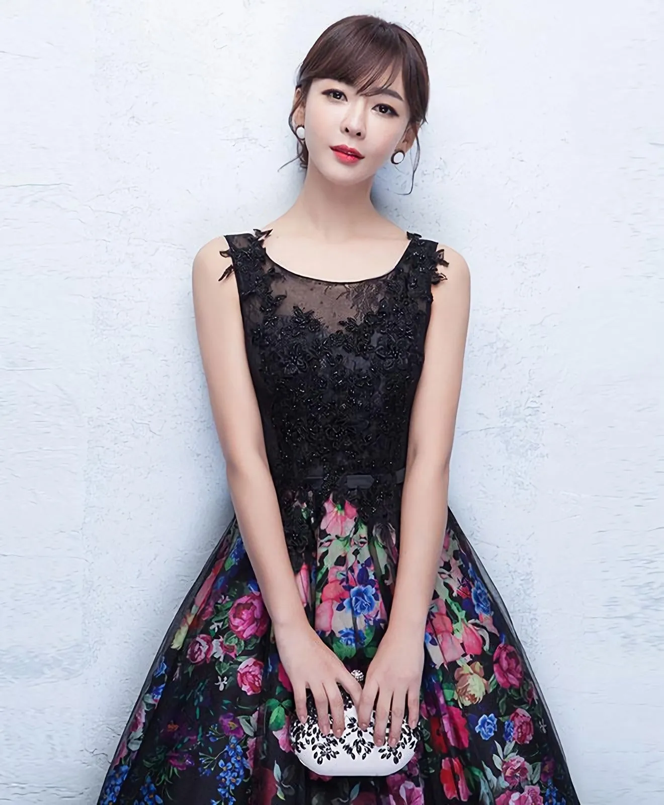 Black Floral Patterns Long Prom Dress Black Evening Dress