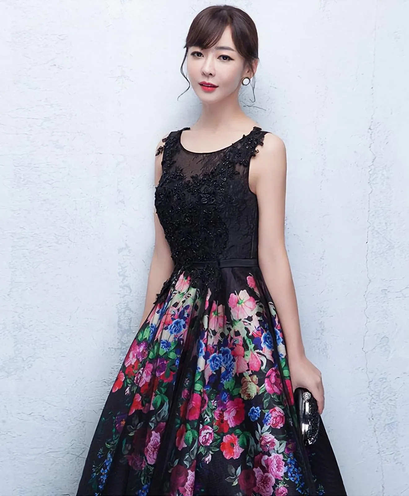 Black Floral Patterns Long Prom Dress Black Evening Dress