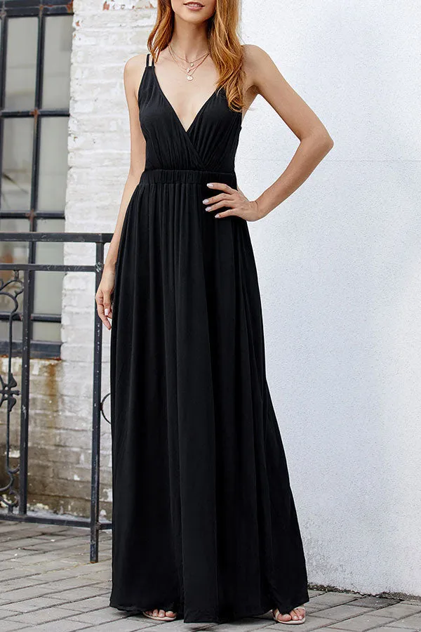 Black V-neck Spaghetti Straps Backless Prom Evening Dress