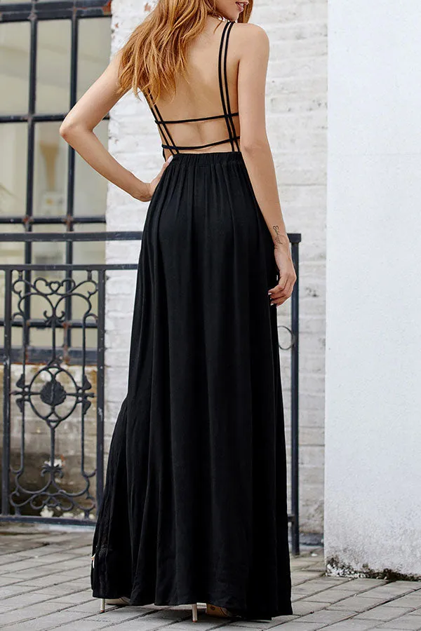 Black V-neck Spaghetti Straps Backless Prom Evening Dress