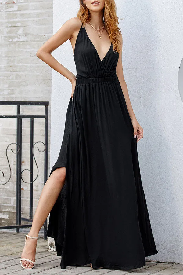 Black V-neck Spaghetti Straps Backless Prom Evening Dress