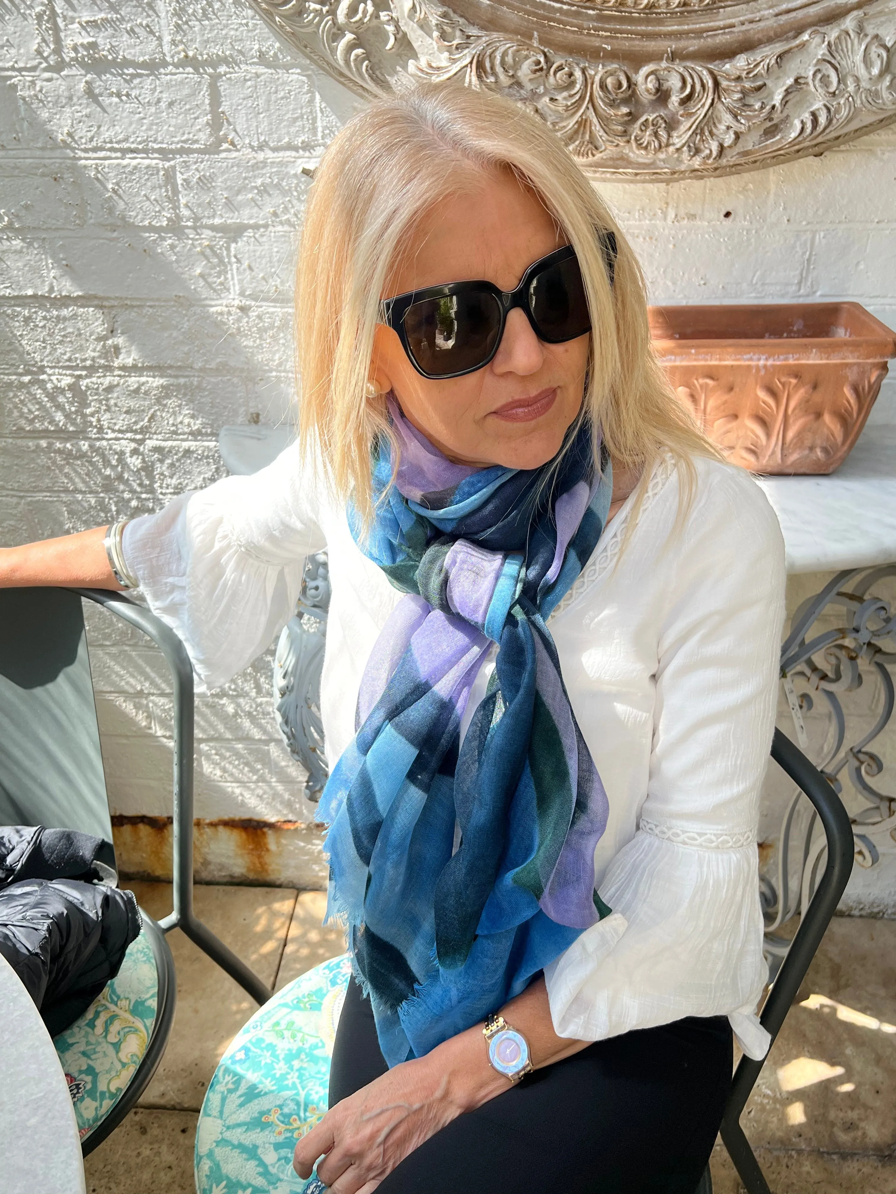 Blue Purple Block Print Scarf - Pure Fine Wool