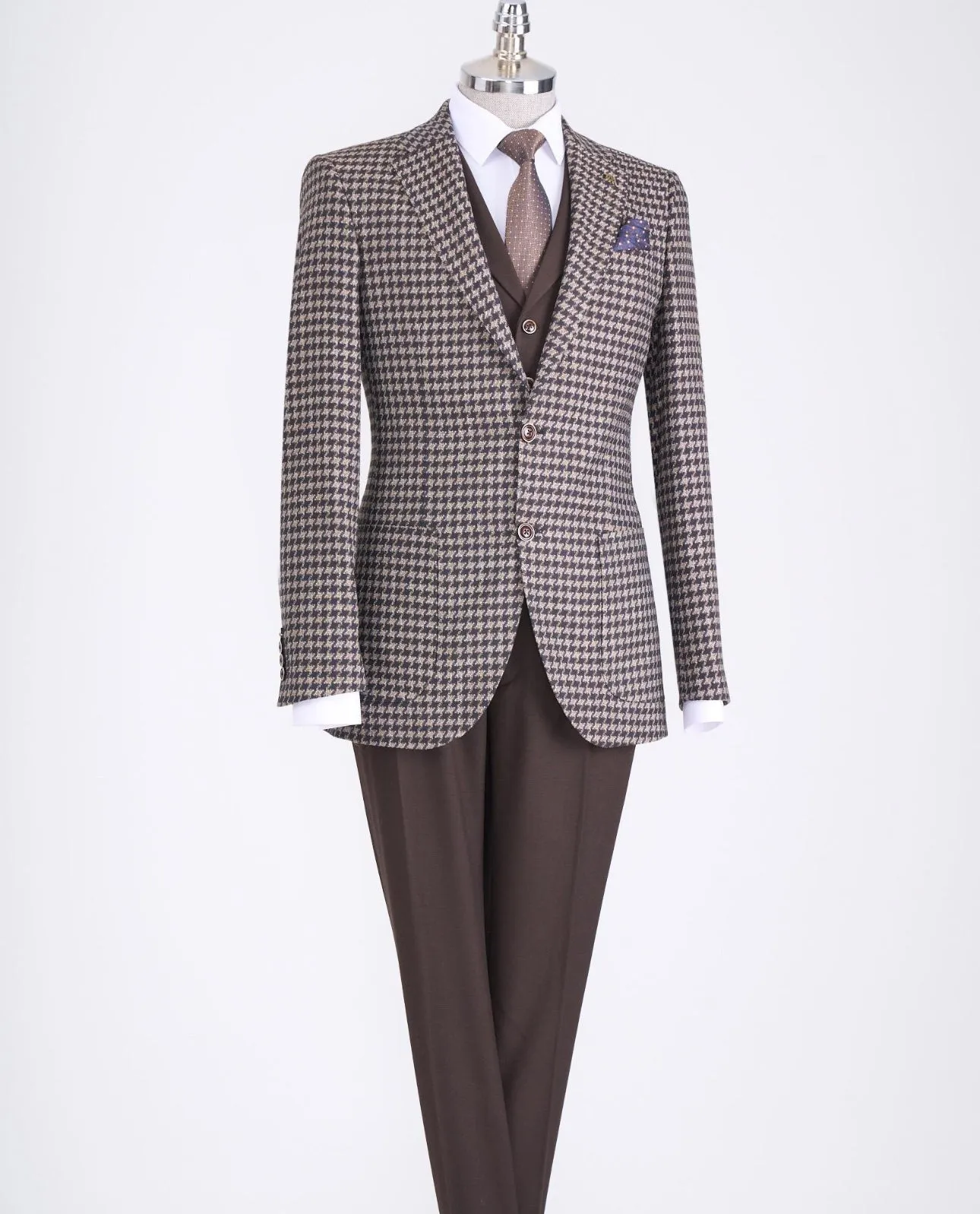 Bojoni Chicago Slim Fit Checked Brown Suit