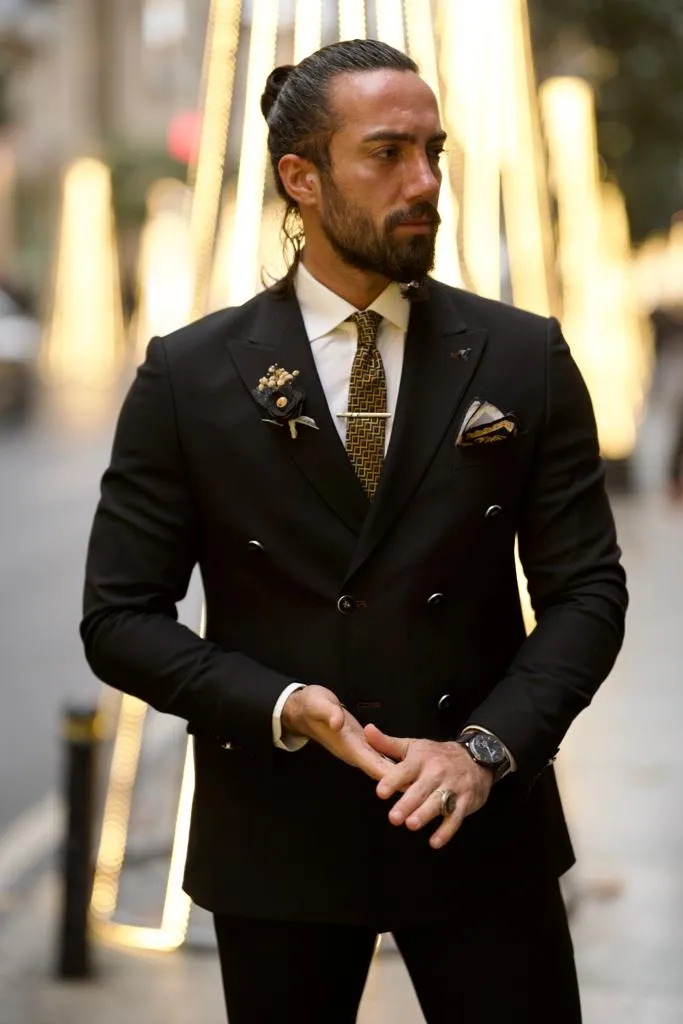 Bojoni Shagori Slim Fit Double Breasted Black Detailed Suit