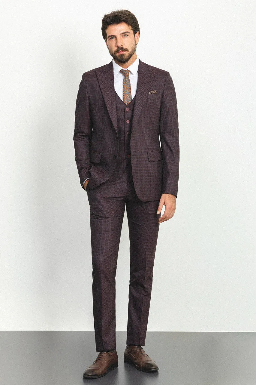 Bojoni Trivento Burgundy Checked Slim Fit Suit