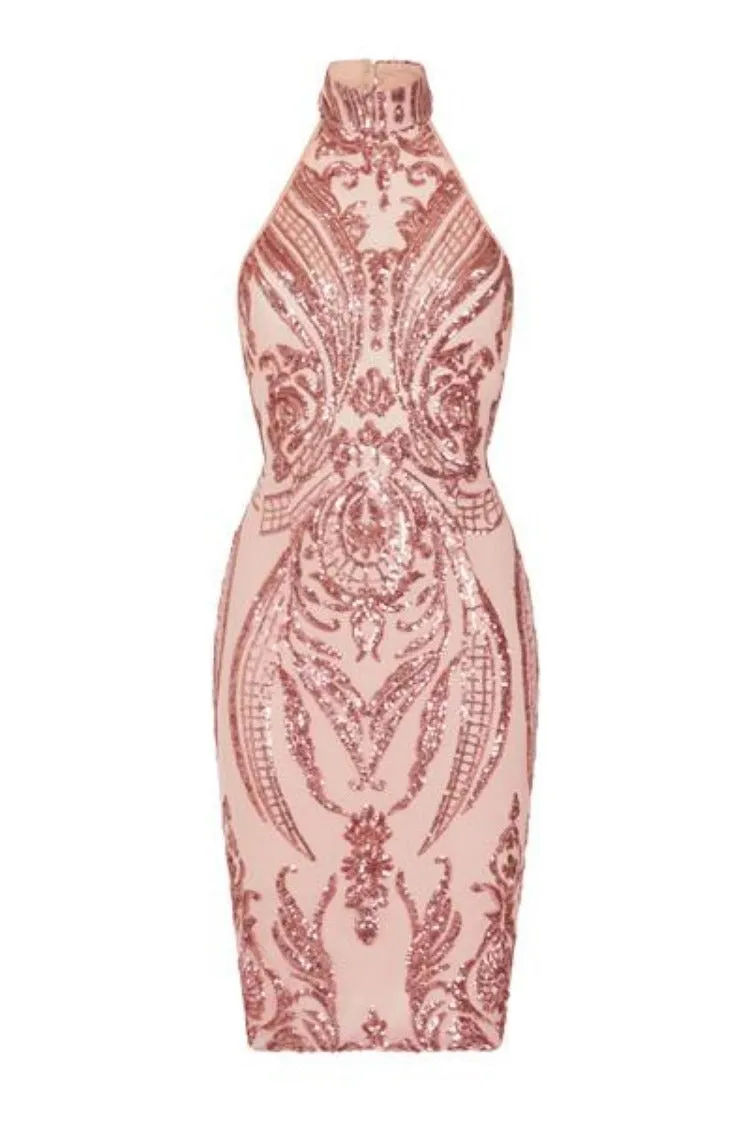 Bonita Pink Luxe Tribal Sequin Embellished Backless Midi Dress