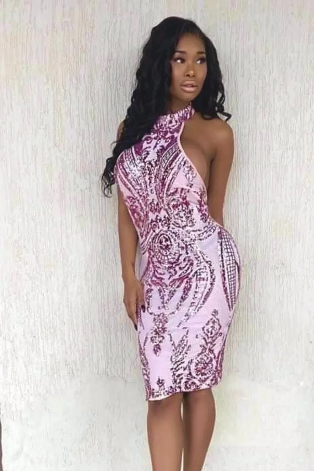 Bonita Pink Luxe Tribal Sequin Embellished Backless Midi Dress