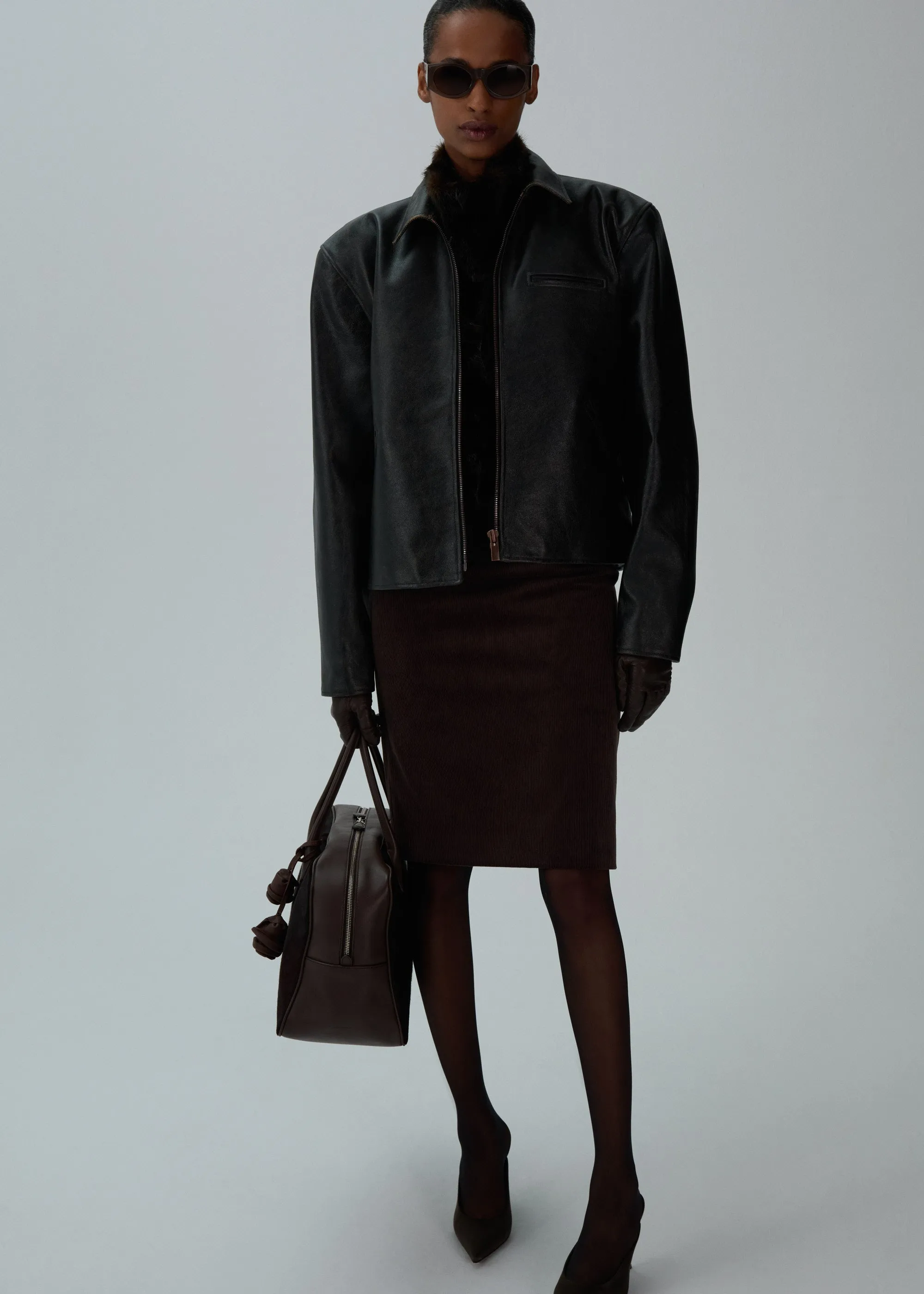 Boxy leather zip-up jacket in brown