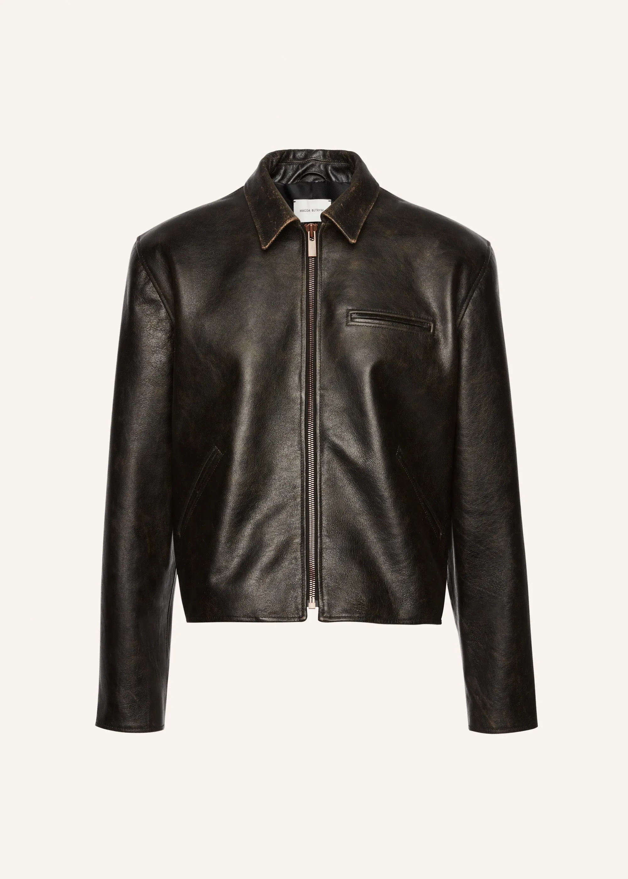 Boxy leather zip-up jacket in brown