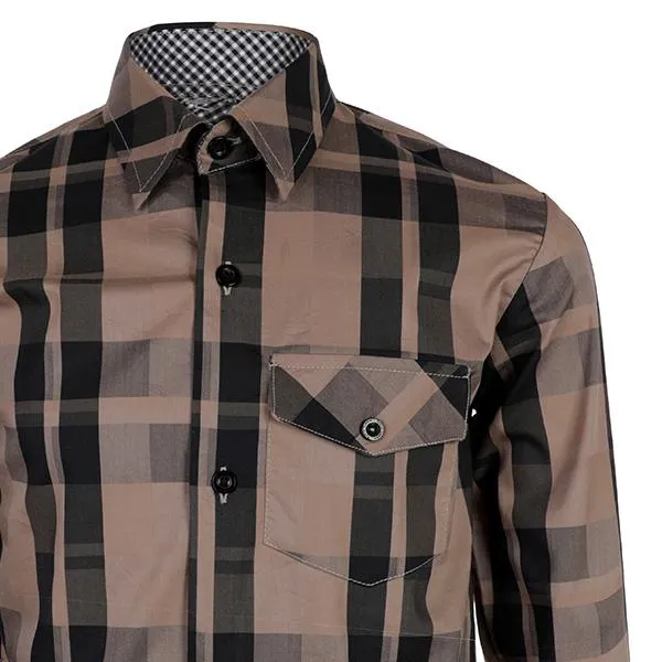 BOYS LONG SLEEVE PLAID SHIRT - BROWN