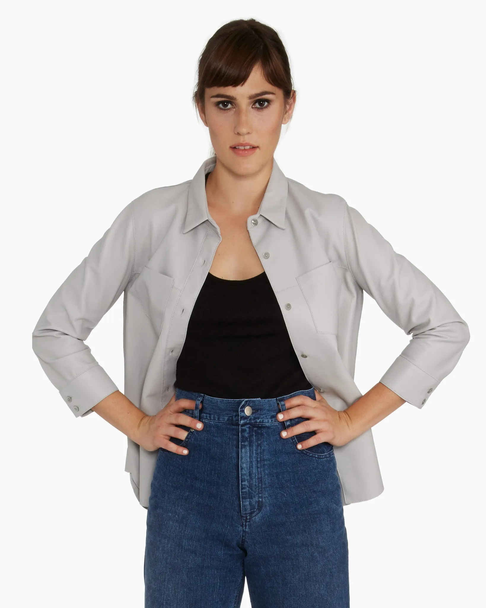 Brogden Womens Leather Shirt in Pearl Grey - FINAL SALE