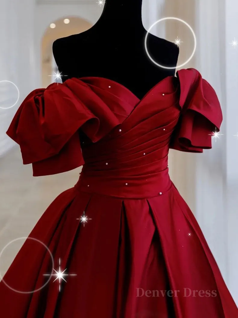 Burgundy off shoulder satin long prom dress burgundy evening dress