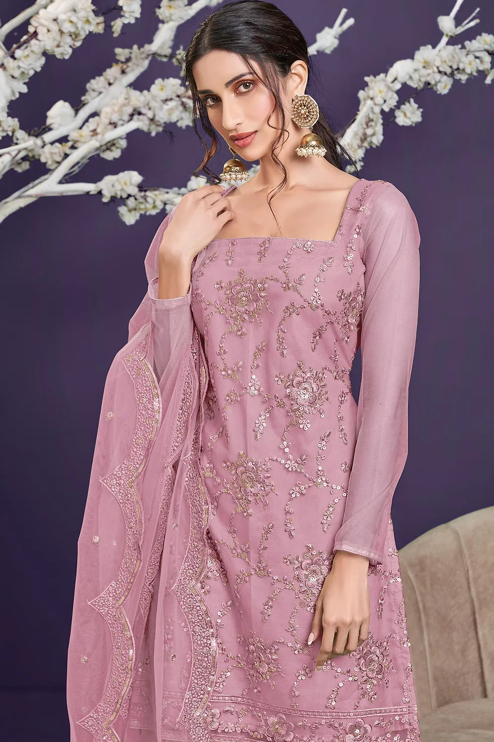 Butterfly Net Baby Pink Premium Embroidered Gharara Suit