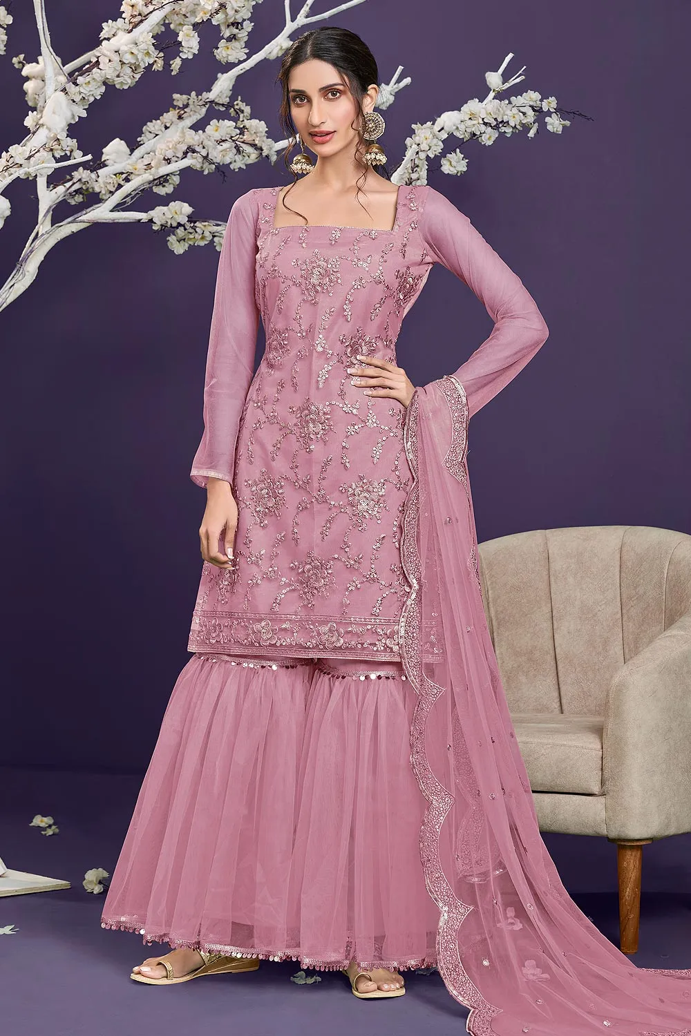 Butterfly Net Baby Pink Premium Embroidered Gharara Suit