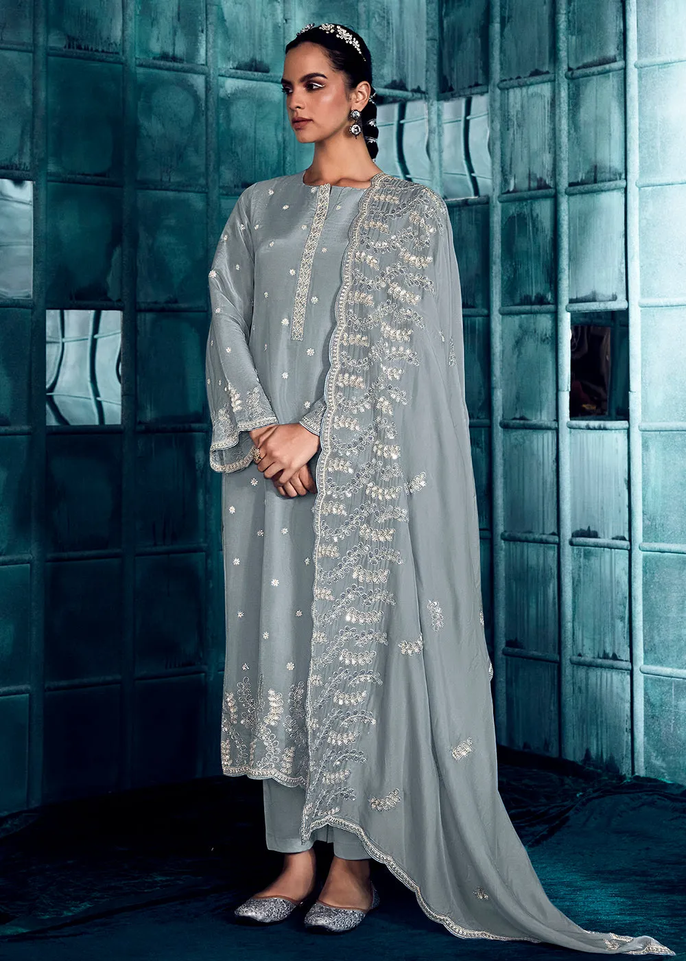 Charming Grey Modale Silk Embroidered Festive Salwar Suit