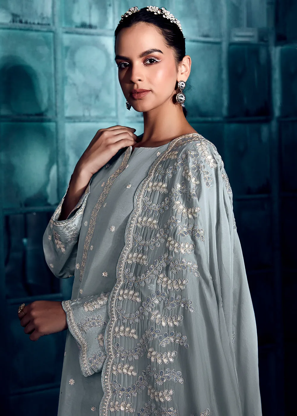 Charming Grey Modale Silk Embroidered Festive Salwar Suit