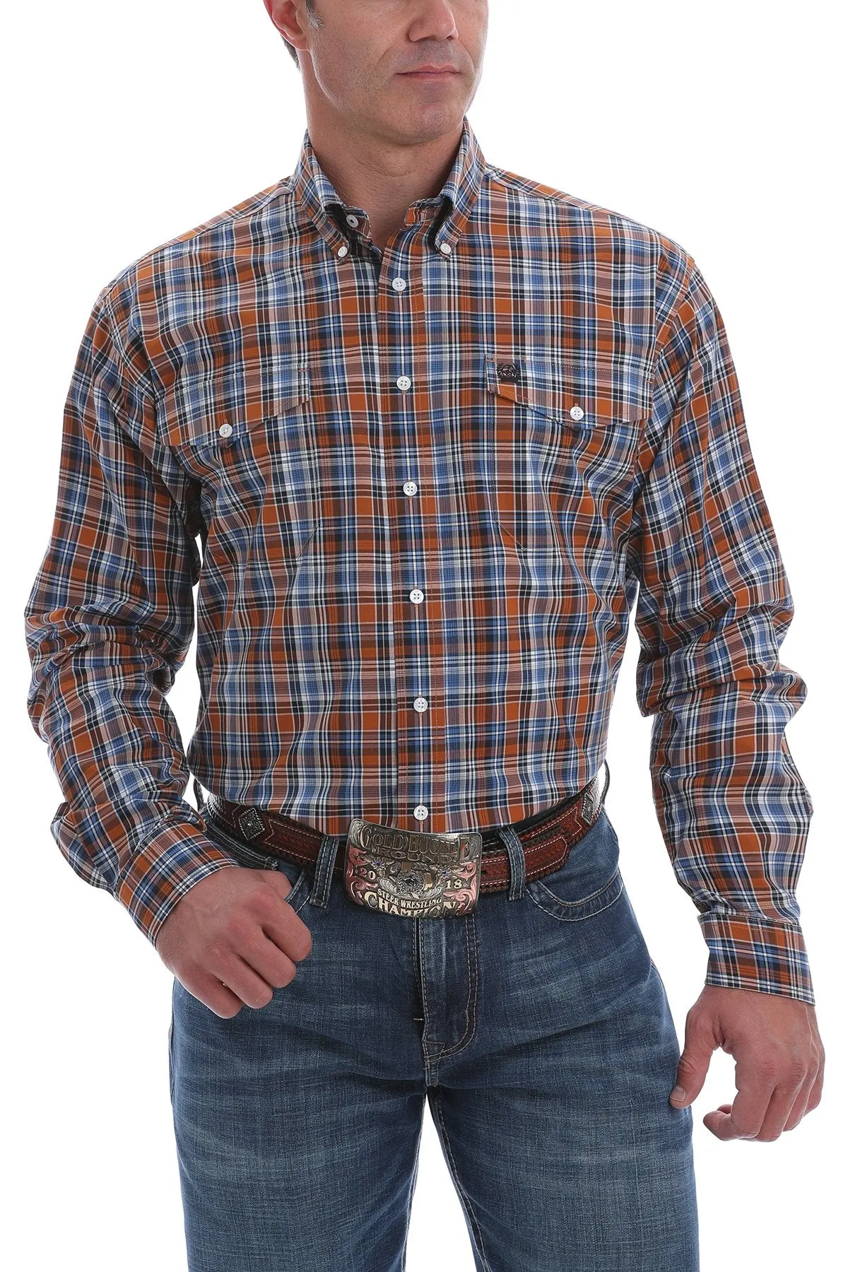 Cinch Mens White, Brown and Blue Plaid L/S Shirt