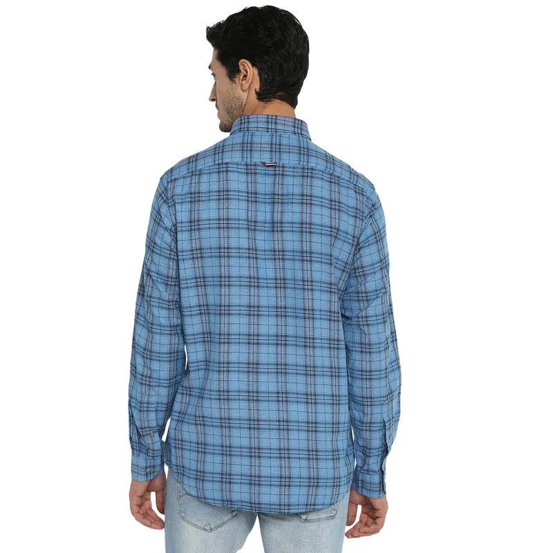 Cotton Melange Light Blue Checkered Slim Fit Casual Shirt