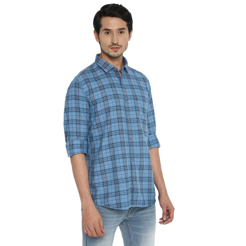 Cotton Melange Light Blue Checkered Slim Fit Casual Shirt