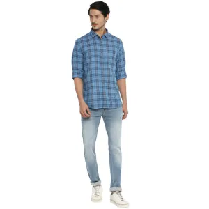 Cotton Melange Light Blue Checkered Slim Fit Casual Shirt