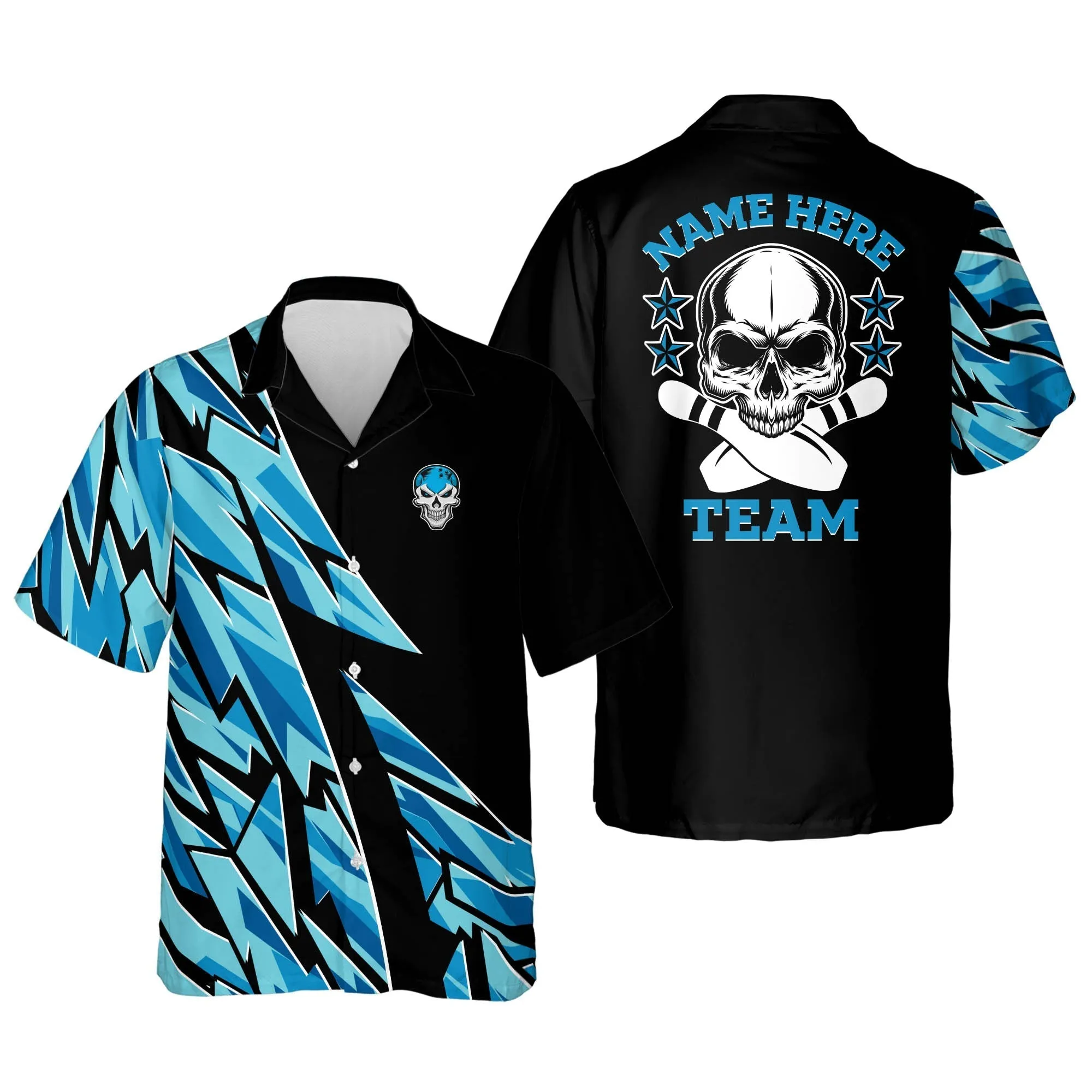 Custom Blue Skull Button-Down Casual Hawaiian Shirt, bowling Hawaiian Shirt for Men, Bowling team shirt