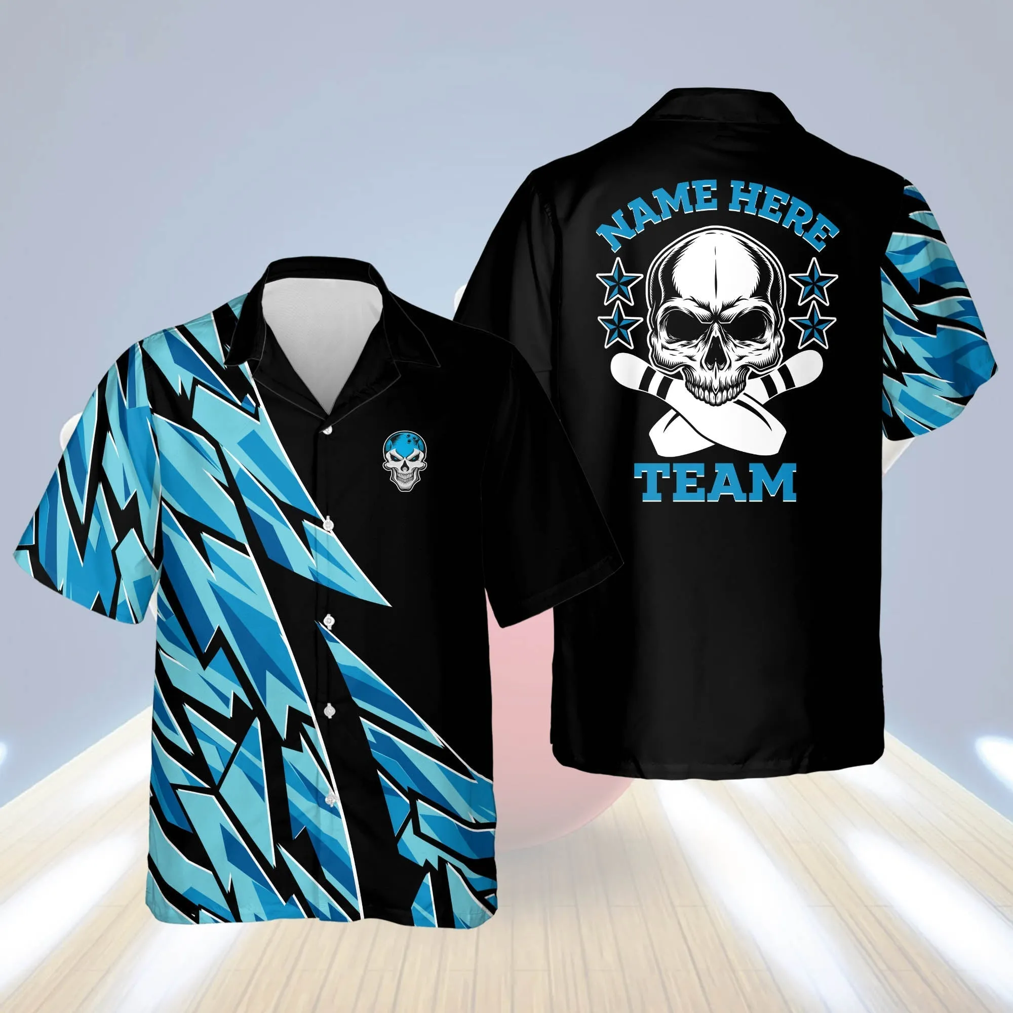 Custom Blue Skull Button-Down Casual Hawaiian Shirt, bowling Hawaiian Shirt for Men, Bowling team shirt