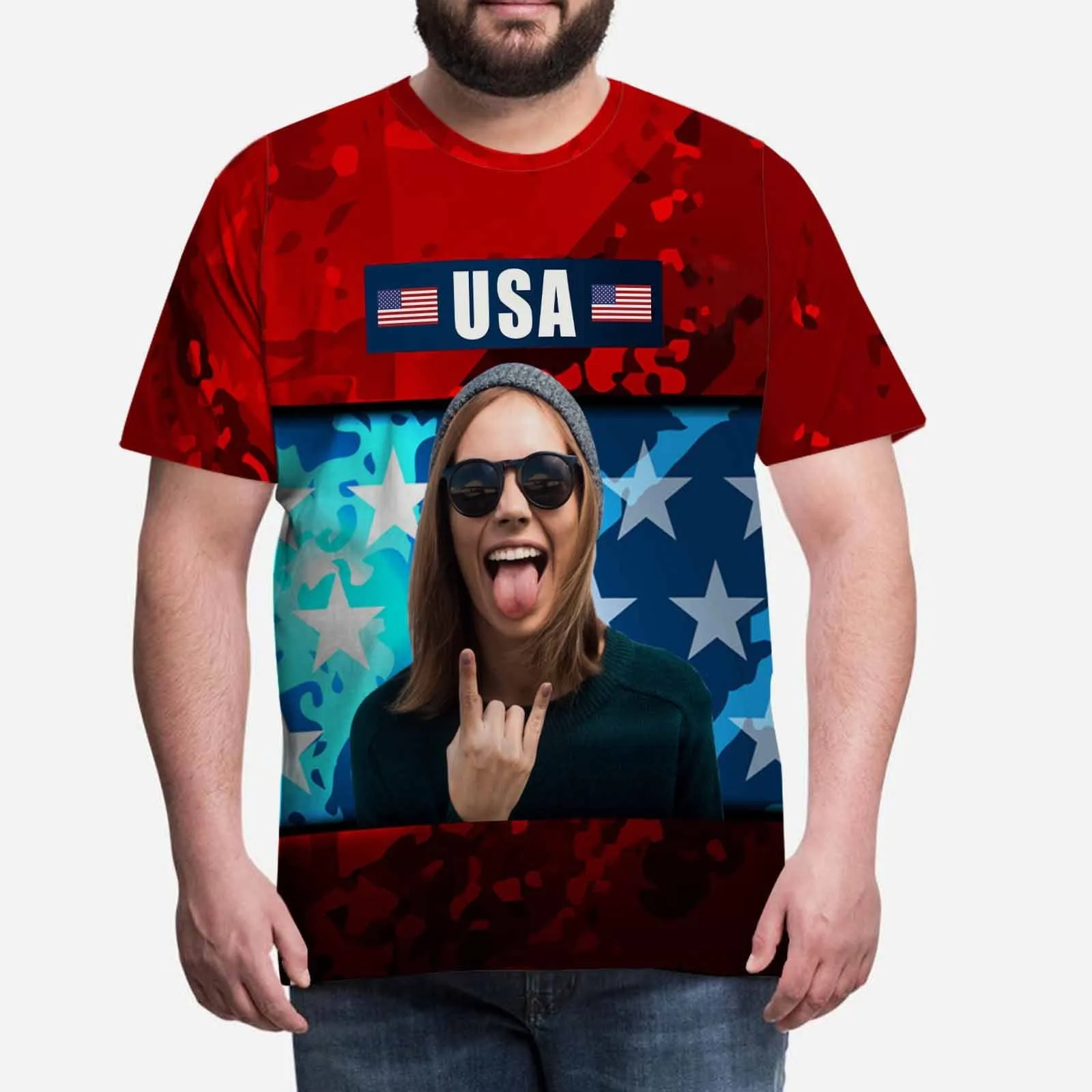 Custom Photo Tee USA Flag Men's All Over Print T-shirt Personalized Your Face on A Shirt