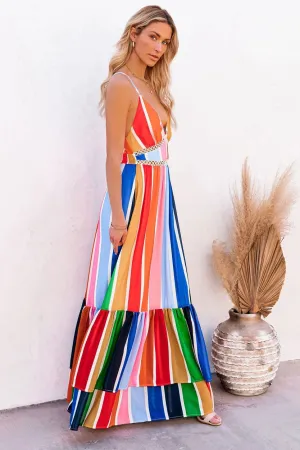 Deep V-Neck Sleeveless Backless Rainbow Stripe Evening Dress