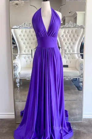 Elegant Halter Neck Backless Purple Long Prom Dress, Backless Purple Formal Graduation Evening Dress