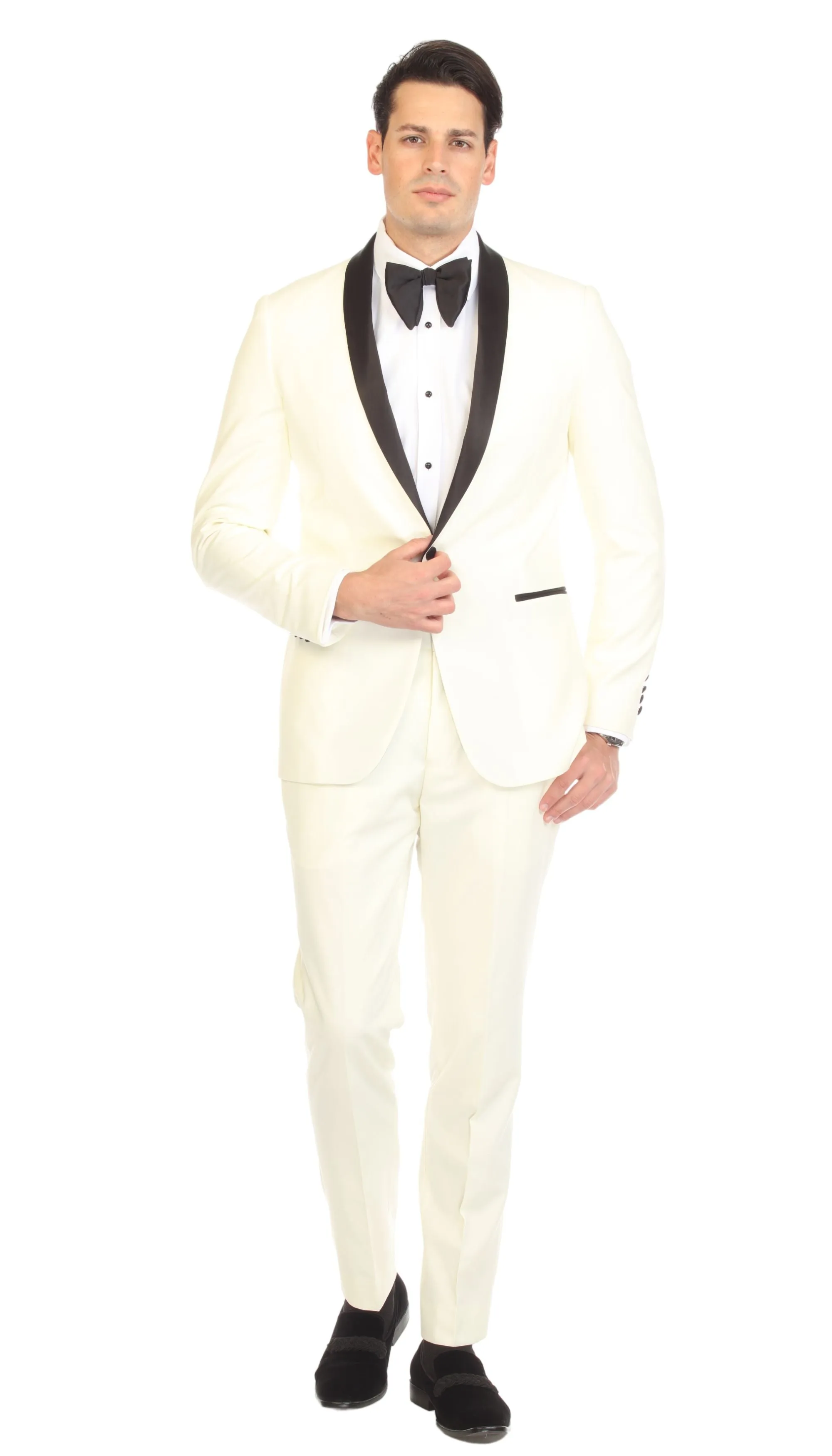 Ferrecci Slim Off White & Black Satin Shawl Collar Tuxedo Jacket With Black Pants