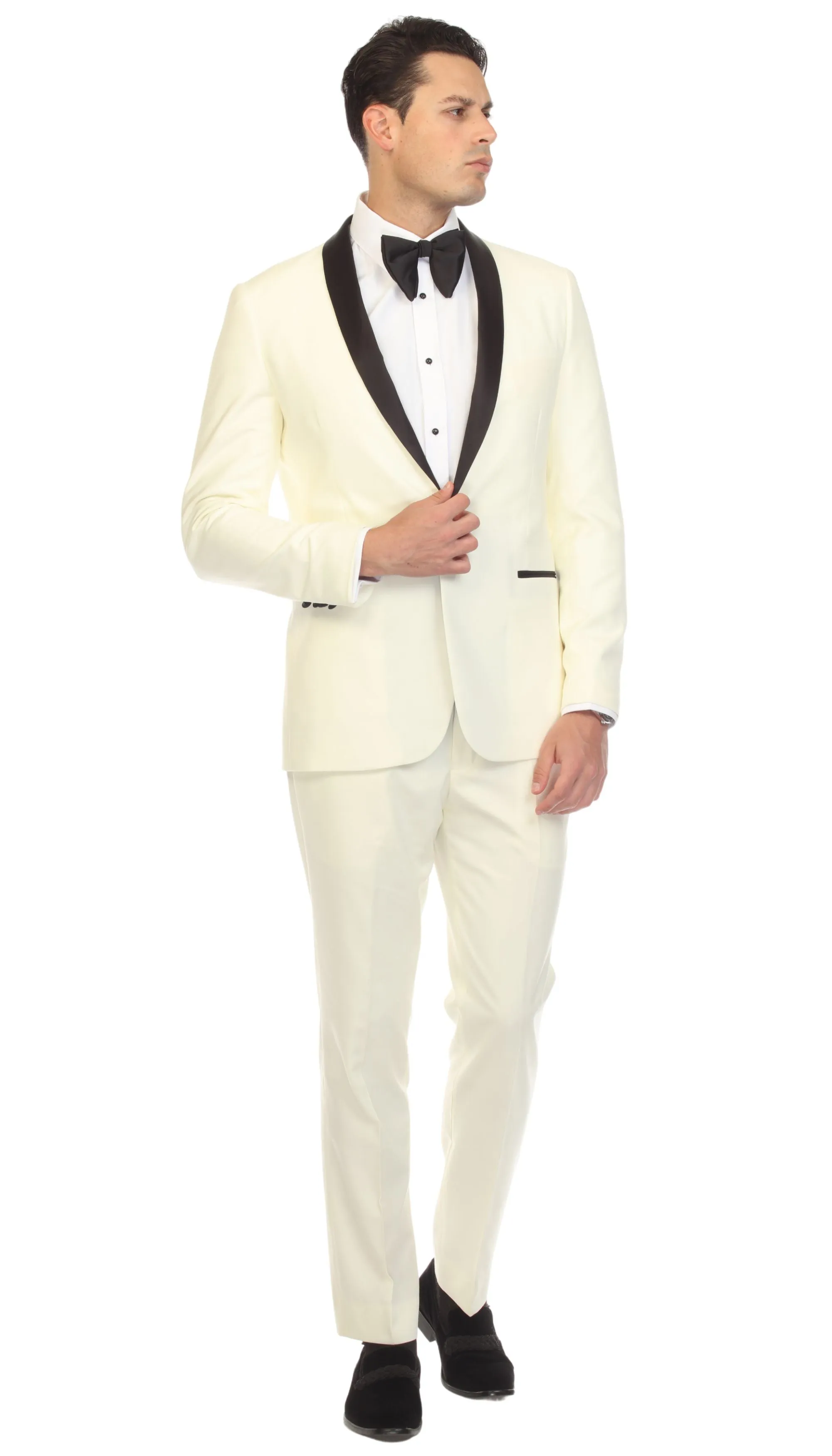 Ferrecci Slim Off White & Black Satin Shawl Collar Tuxedo Jacket With Black Pants