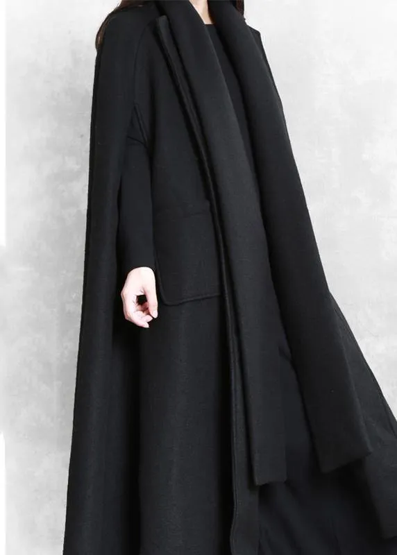 Fine oversize long coat black pockets Extra large hem woolen outwear