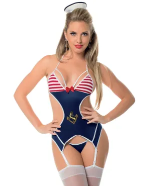 First Mate Bustier, Panty & Thigh Highs Blue/White O/S